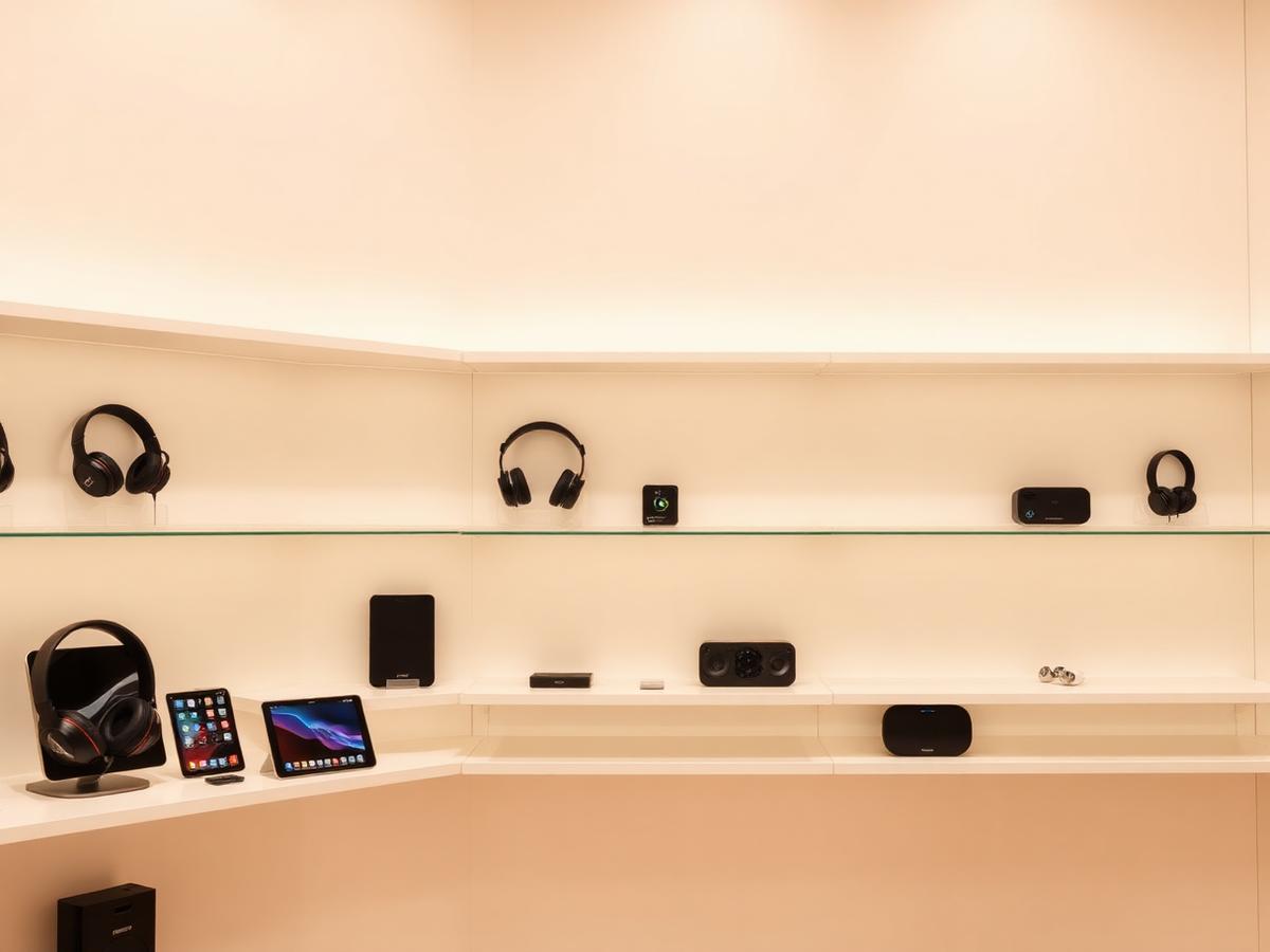 Technology voucher category preview showing headphones and tablets displayed on retail shelving