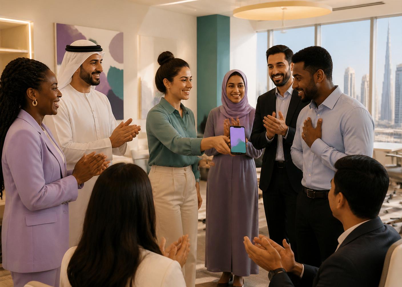 Colleagues celebrating a recognition moment