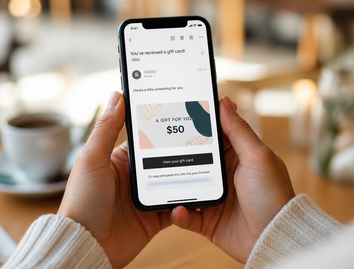 A recipient opening a digital gift card email on a phone in a cafe