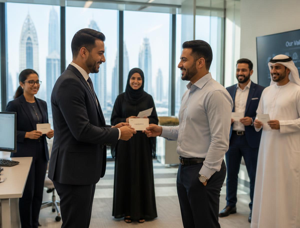 A manager presenting a reward card to a colleague in a Dubai office