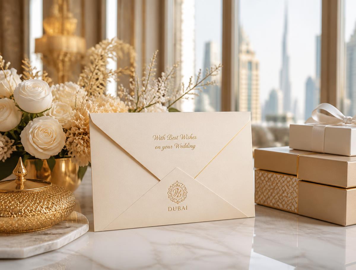An elegant cream wedding envelope beside flowers and gift boxes