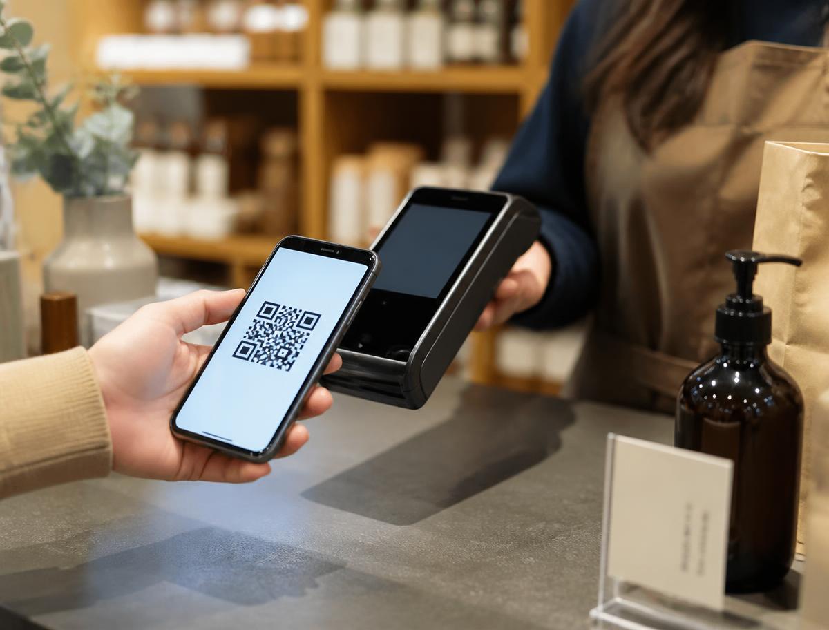 A shopper redeeming a digital gift card at a shop counter