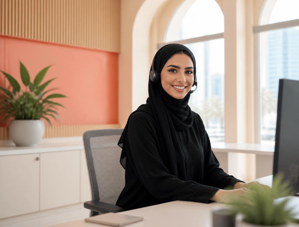 A Vouchora support specialist working at a desk in the UAE
